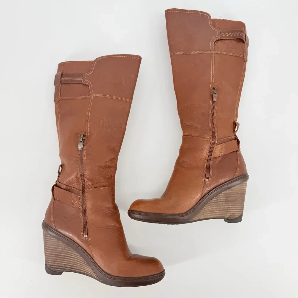 Timberland Stratham Heights Womens Brown Leather Wedge Tall Knee Boots 9 Lined